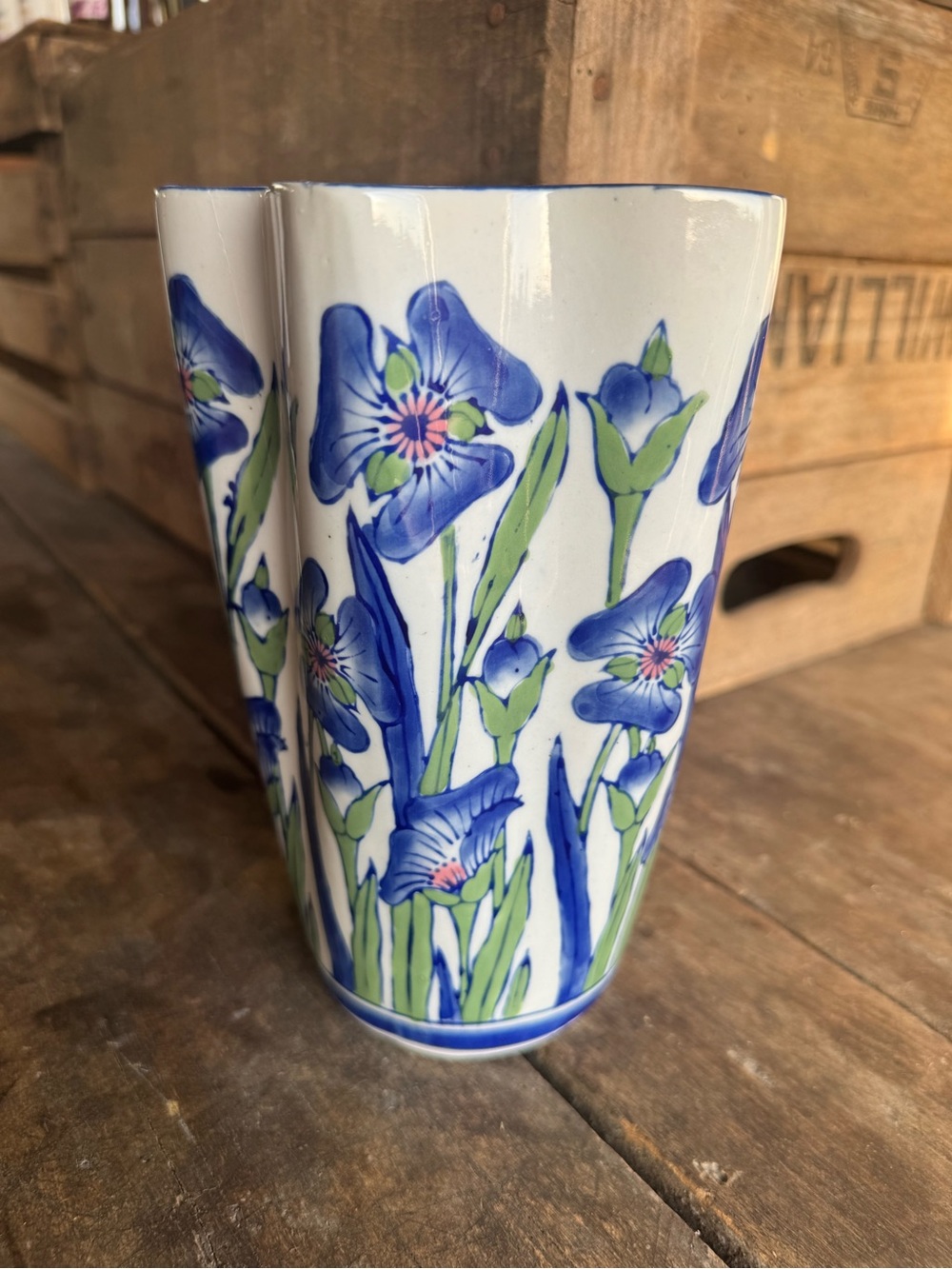 Vintage Japanese Hand Painted Blue Iris Floral Ceramic Vase Scalloped Rim